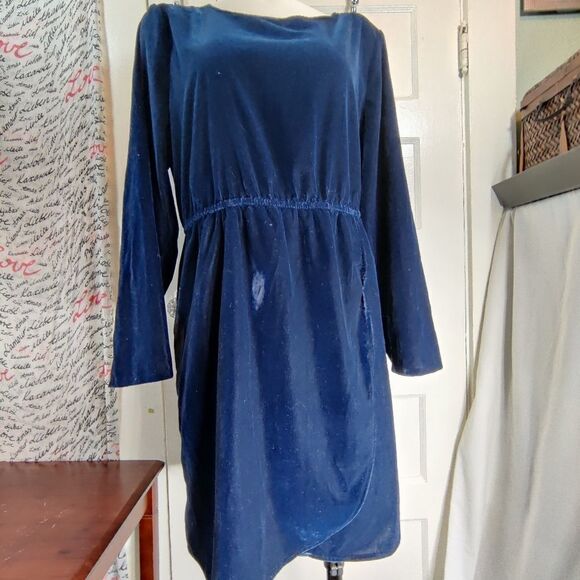Velvet Faux Wrap Dress Navy Blue Vintage J Crew Tulip Hem Long Sleeve Midi Sz 14 - Picture 9 of 9